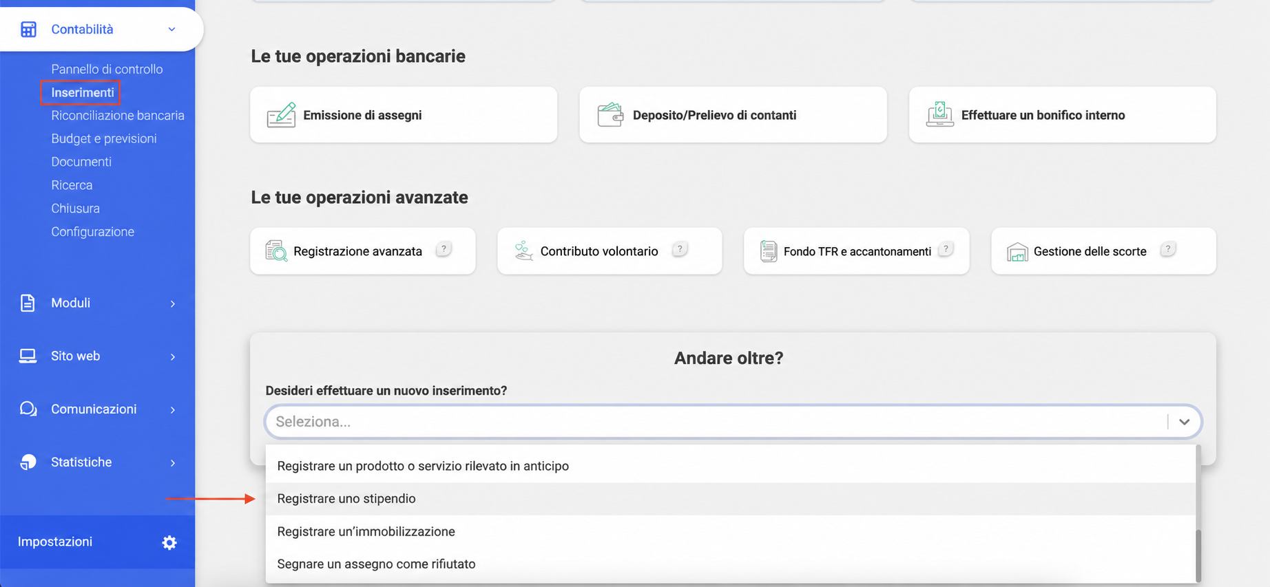 Modulo Contabilità > Registrazione di AssoConnect, con l'elenco a discesa « Andare oltre » aperto e l'opzione « Registrare uno stipendio » evidenziata da una freccia.