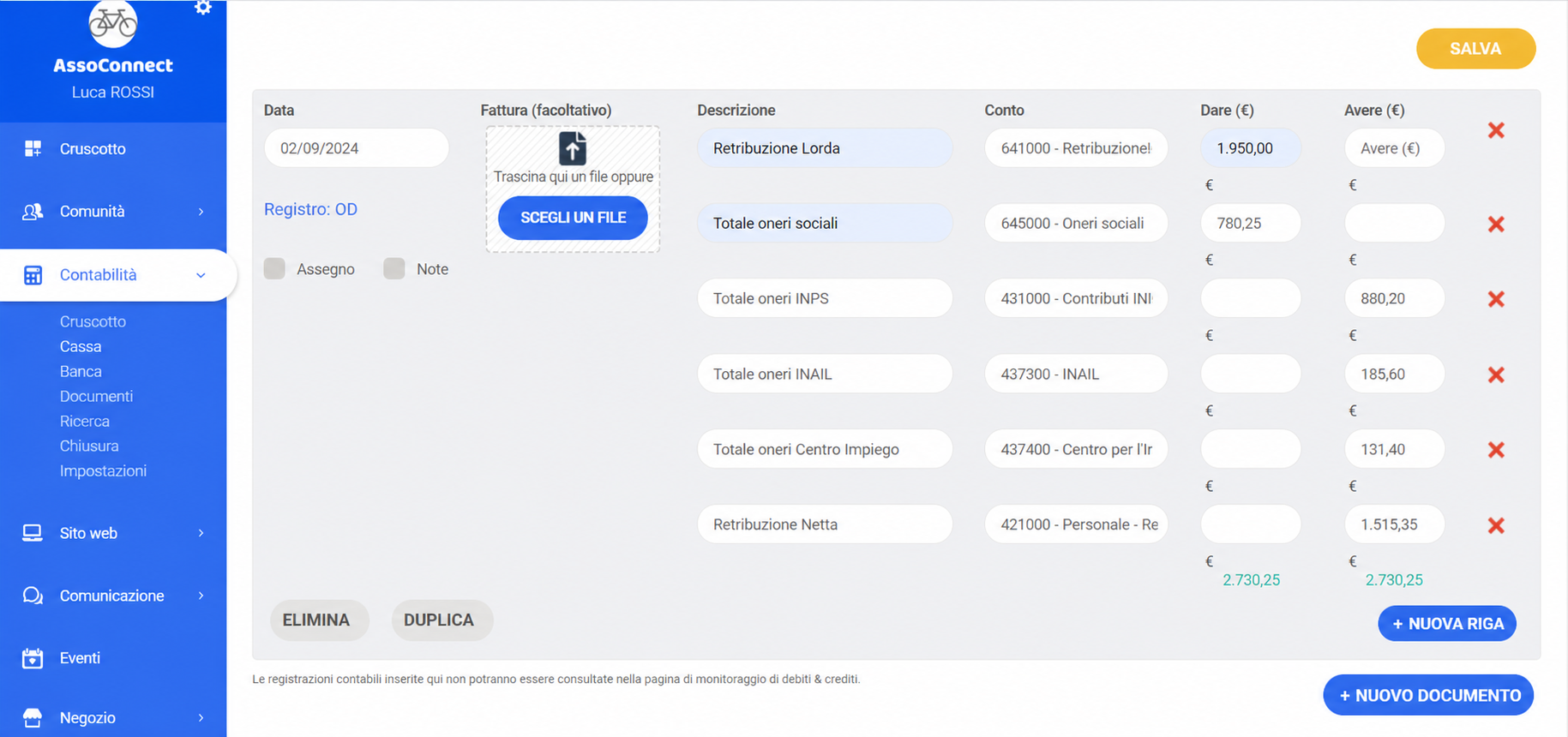 Registrazione di una scrittura di paga in AssoConnect con le righe Retribuzione Lorda (1900 €), oneri a carico del datore di lavoro, URSSAF, pensione, Pôle Emploi e Retribuzione Netta (1491,51 €)