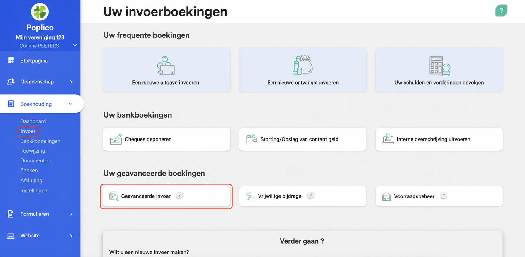 Pagina « Vos opérations de saisie » in AssoConnect, met de sectie « Opérations avancées » waarin de knop « Saisie avancée » rood omkaderd is.
