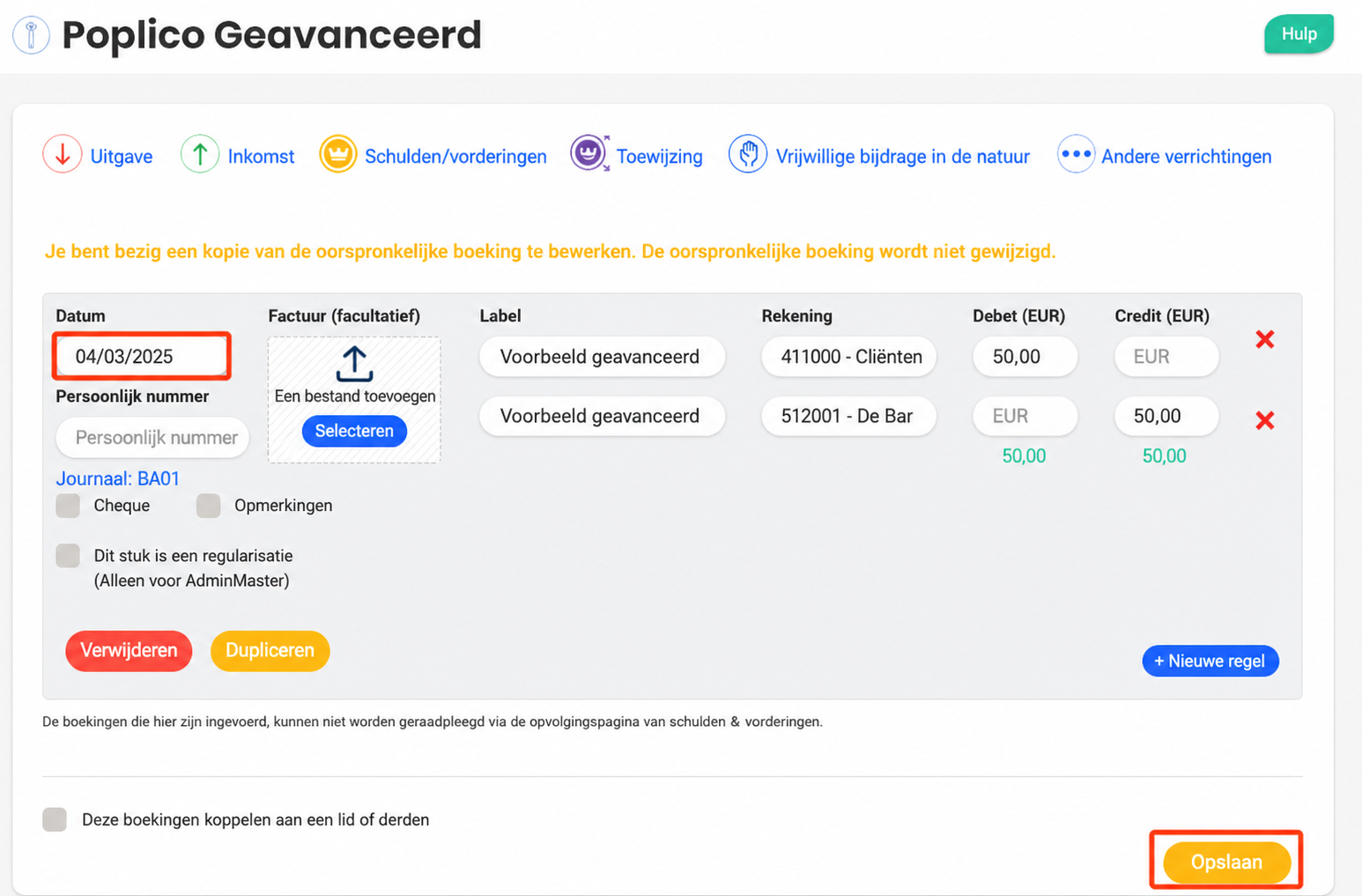 Formulier voor geavanceerde invoer met twee boekingslijnen (411000 - Clients en 512001) op debet/credit van 50 €, en de knop « Enregistrer » gemarkeerd.