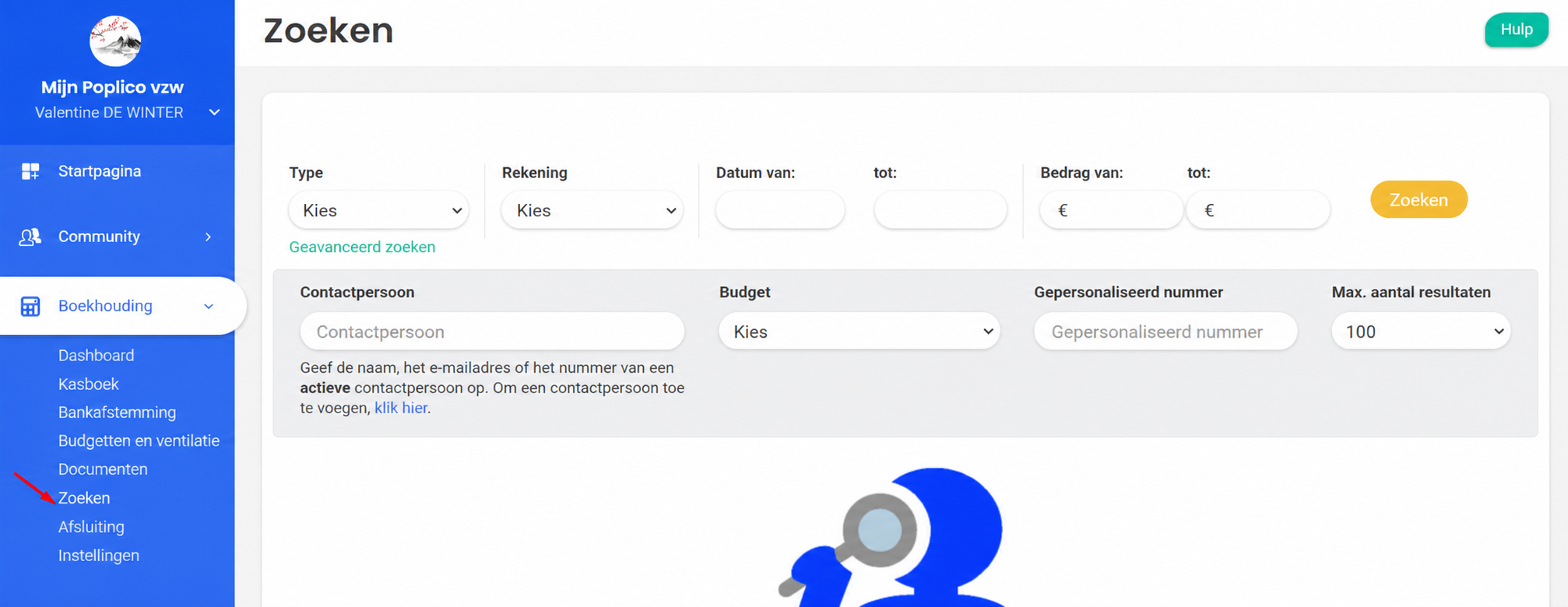 Module Zoeken in AssoConnect met de geavanceerde filters open (Contact, Budget, Gepersonaliseerd nummer), gemarkeerd met een rode pijl