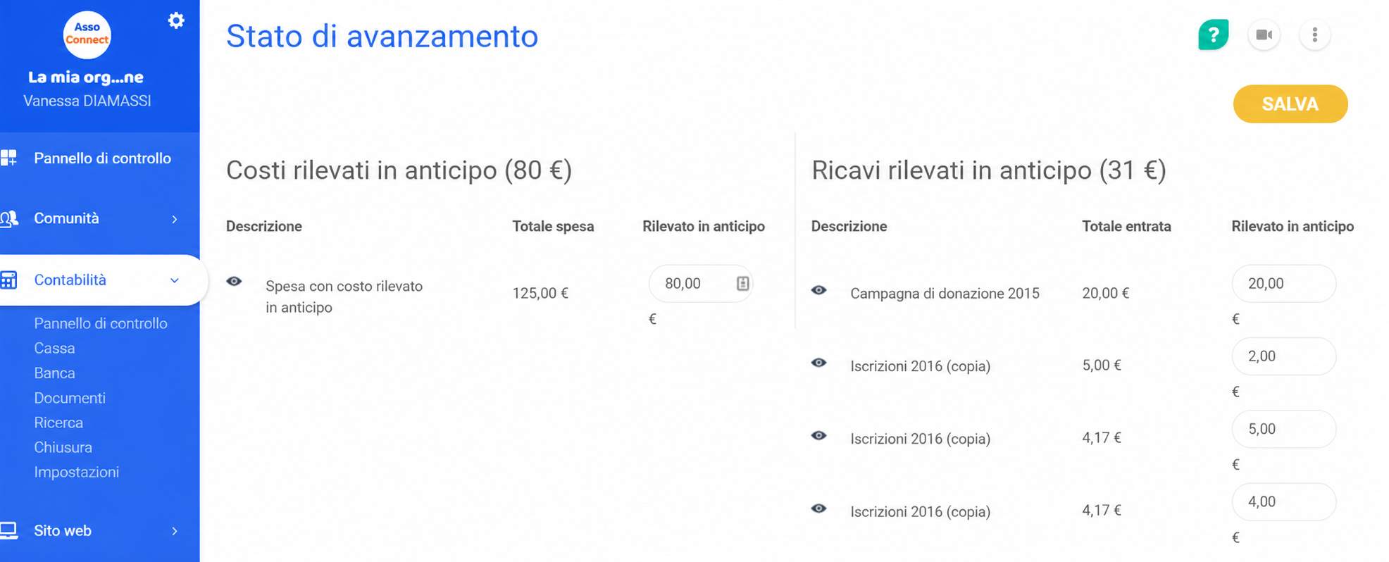 Pagina « Constaté d'avance » di AssoConnect, con la sezione « Charges constatées d'avance » (80 €) evidenziata, che mostra una spesa di 125 € e un importo riscontato di 80 €.