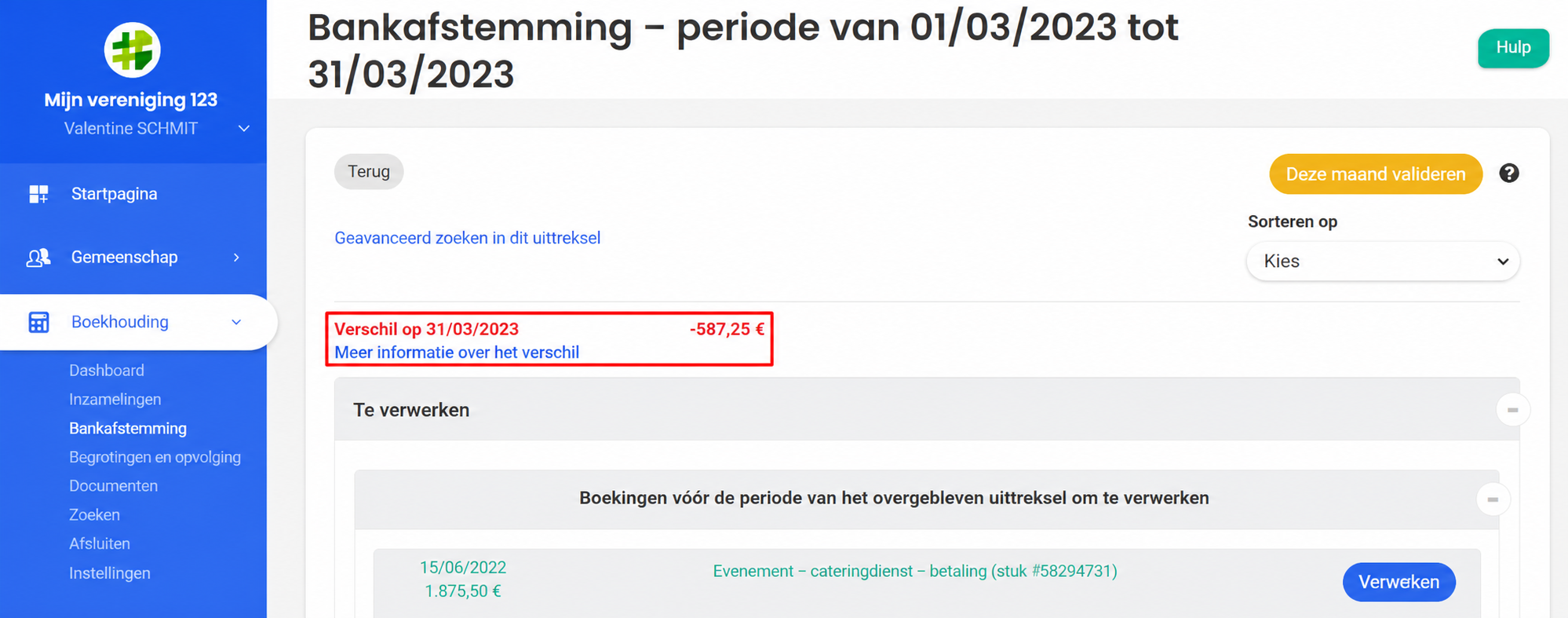 Pagina bankafstemming maart 2023 in AssoConnect, met een verschil van -423,00 € op 31/03/2023 aangeduid in een rood kader