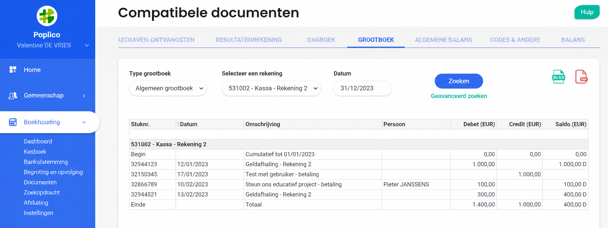 Grootboek voor rekening 531002 - Kas - Rekening 2, met 4 boekingen in 2023 en een eindsaldo van 400 D aangeduid