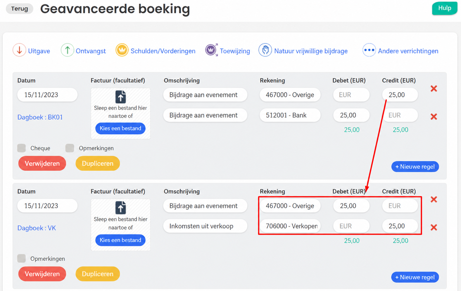 Geavanceerde invoer in AssoConnect met twee boekingen van 30/10/2023 voor « Participation événement » (30 €), met de rekeningen 467000 en 706000 gemarkeerd in het dagboek VT.