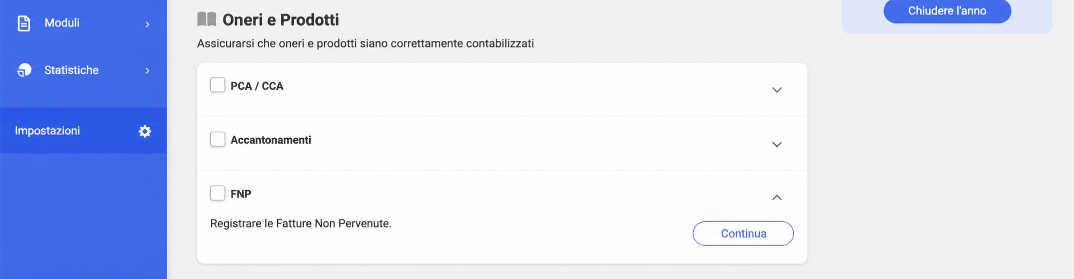 Étape « Charges et Produits » de la clôture annuelle dans AssoConnect, avec les sections PCA/CCA, Provisions et FNP (Factures Non Parvenues)
