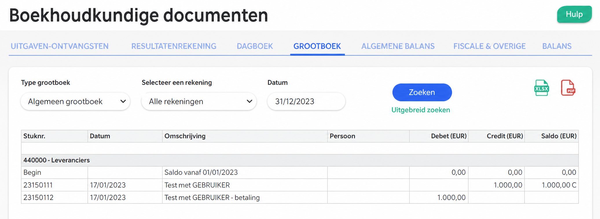 Pagina Boekhoudkundige documenten, tabblad Grootboek geselecteerd, met de filters « Type grootboek » en « Een rekening selecteren » gemarkeerd met rode kaders.