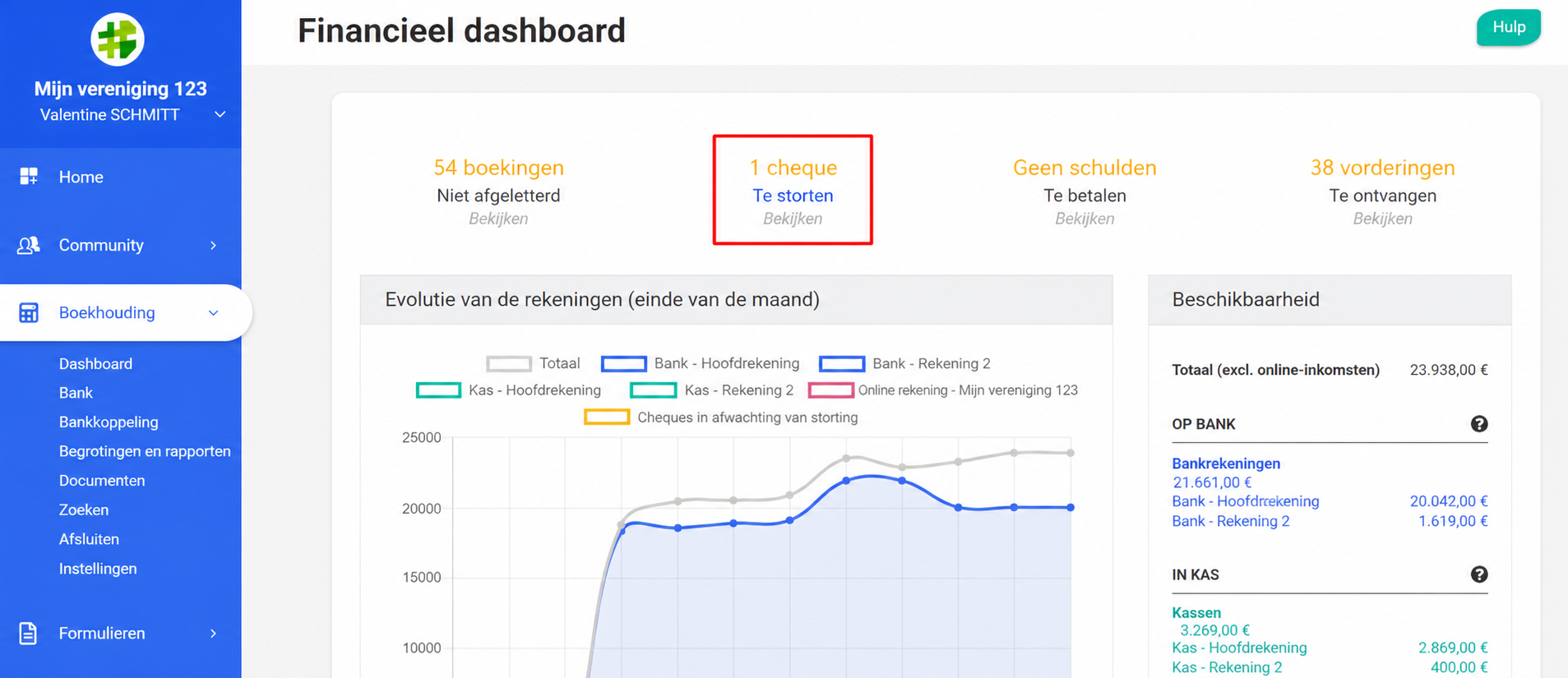Financieel dashboard van AssoConnect met het blok « 1 ontvangen cheque(s) te storten » aangeduid met een rood kader en een pijl.