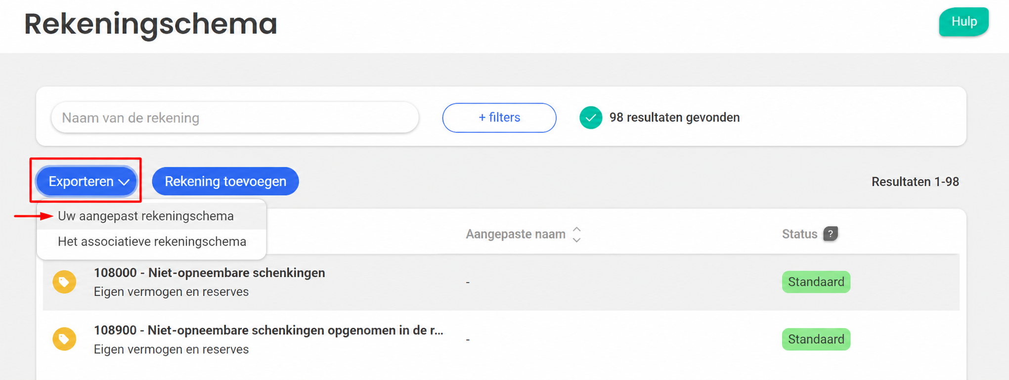 Rekeningenstelsel in AssoConnect: vervolgkeuzemenu van de knop « Exporteren » met de optie « Uw gepersonaliseerd rekeningenstelsel » uitgelicht.
