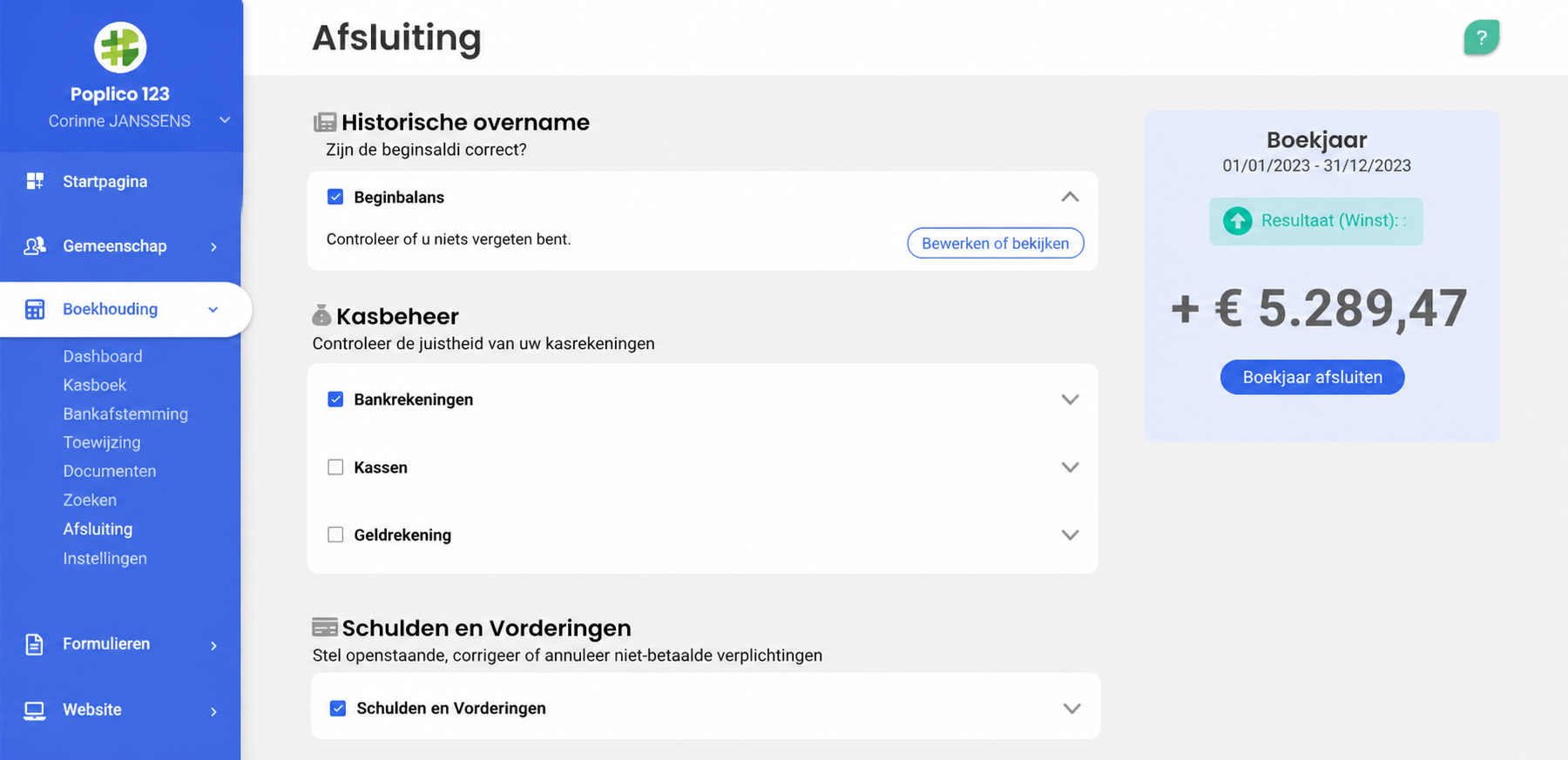 Pagina Afsluiting van AssoConnect met de controlestappen (beginbalans, liquide middelen, schulden en vorderingen) en een positief resultaat van +4 791,34 € voor het boekjaar 2022