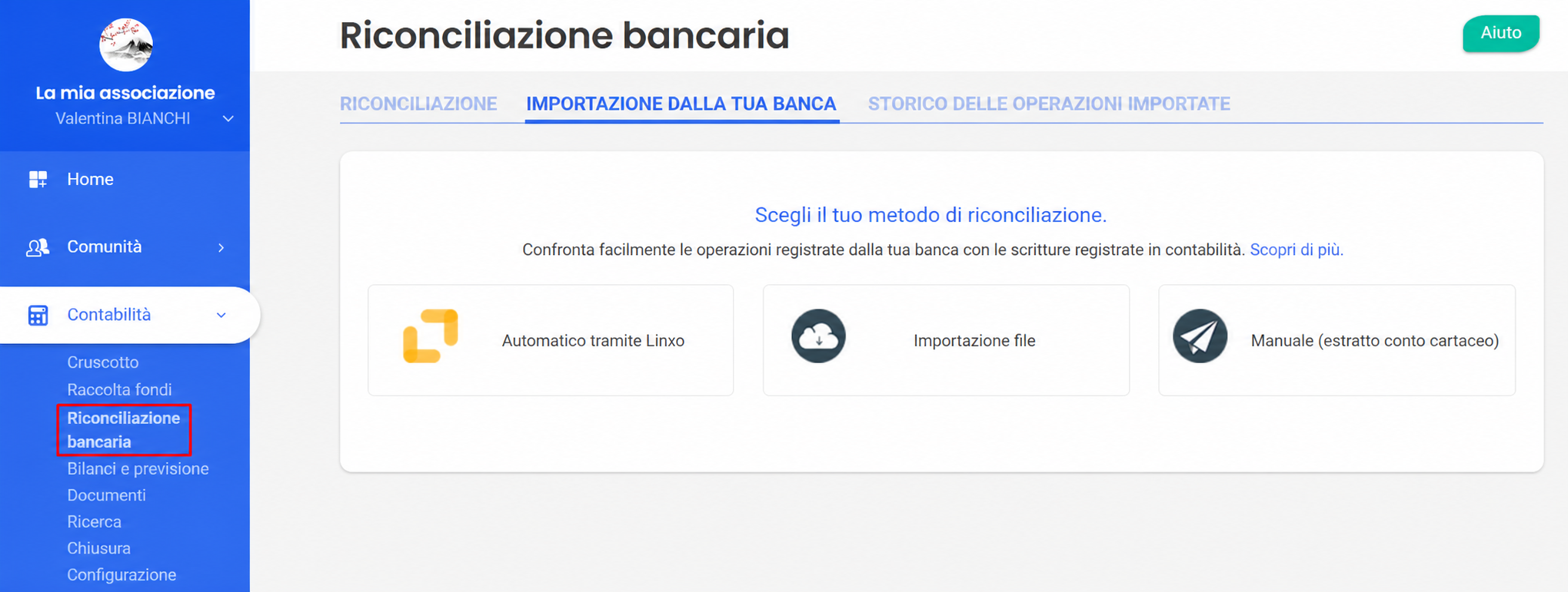 Pagina Riconciliazione bancaria con la scheda « Importazione dalla vostra banca » evidenziata, che mostra tre metodi: Automatico tramite Linxo, Importazione di file e Manuale