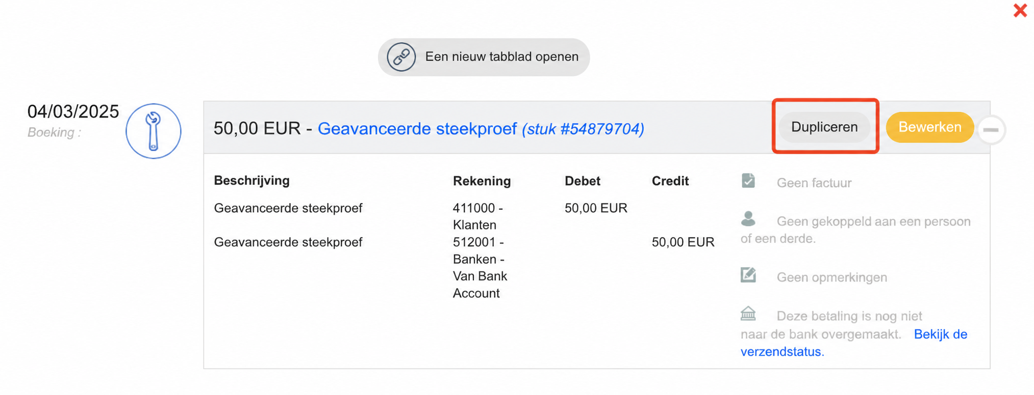 Detail van een boeking van 50,00 EUR met de knop « Dupliquer » gemarkeerd door een rood kader