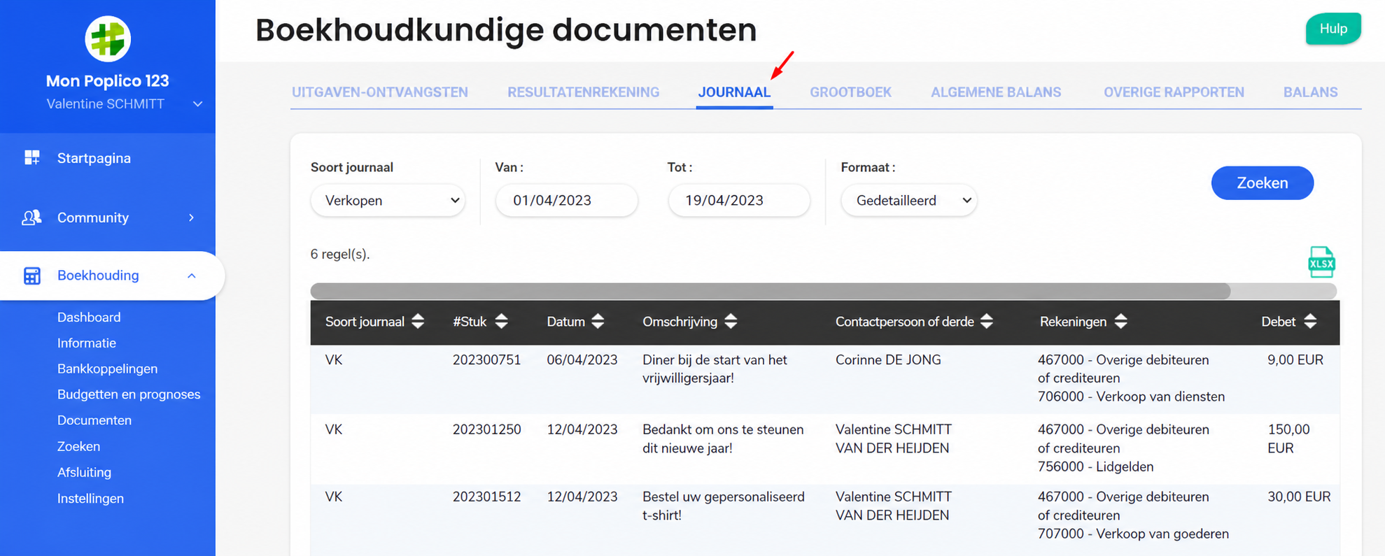 Tabblad Dagboek van de Boekhoudkundige documenten met het filter « Type dagboek: Verkoop » gemarkeerd, met 6 transactieregels tussen 01/04/2023 en 19/04/2023
