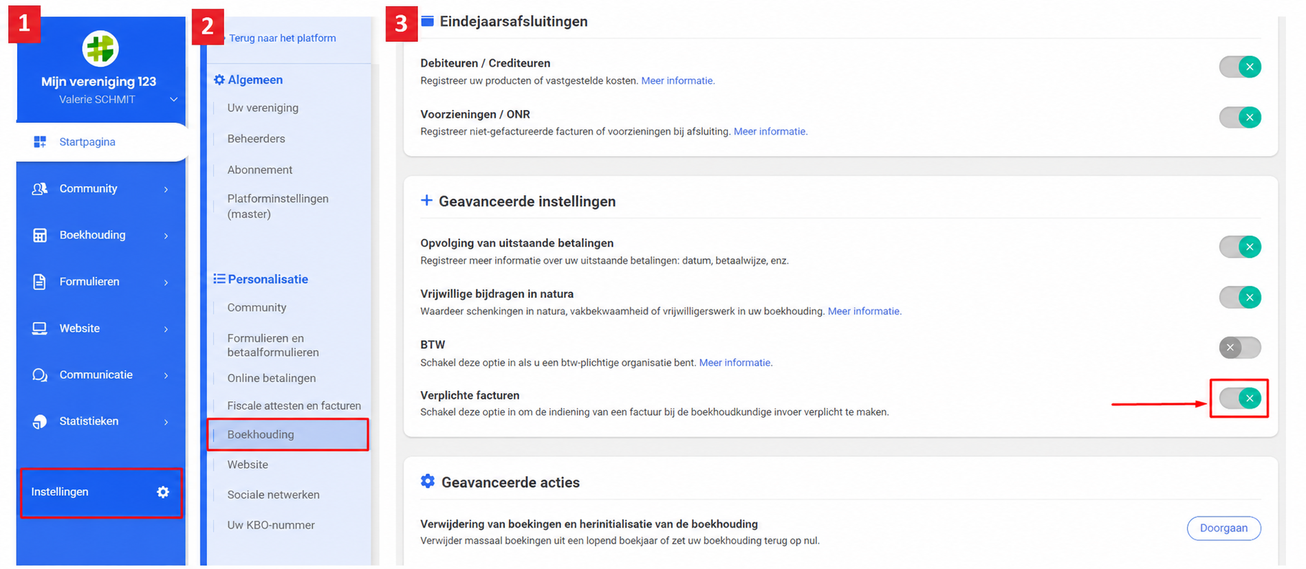 AssoConnect Paramètres > Personnalisation > Comptabilité, met de schakelaar « Factures obligatoires » aangeduid bij de geavanceerde instellingen.