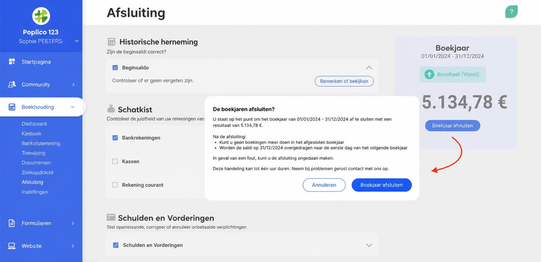Pagina Afsluiting van AssoConnect met het bevestigingsvenster « Het boekjaar afsluiten? » voor het boekjaar 01/01/2022 - 31/12/2022, met een resultaat van 4 791,34 €.