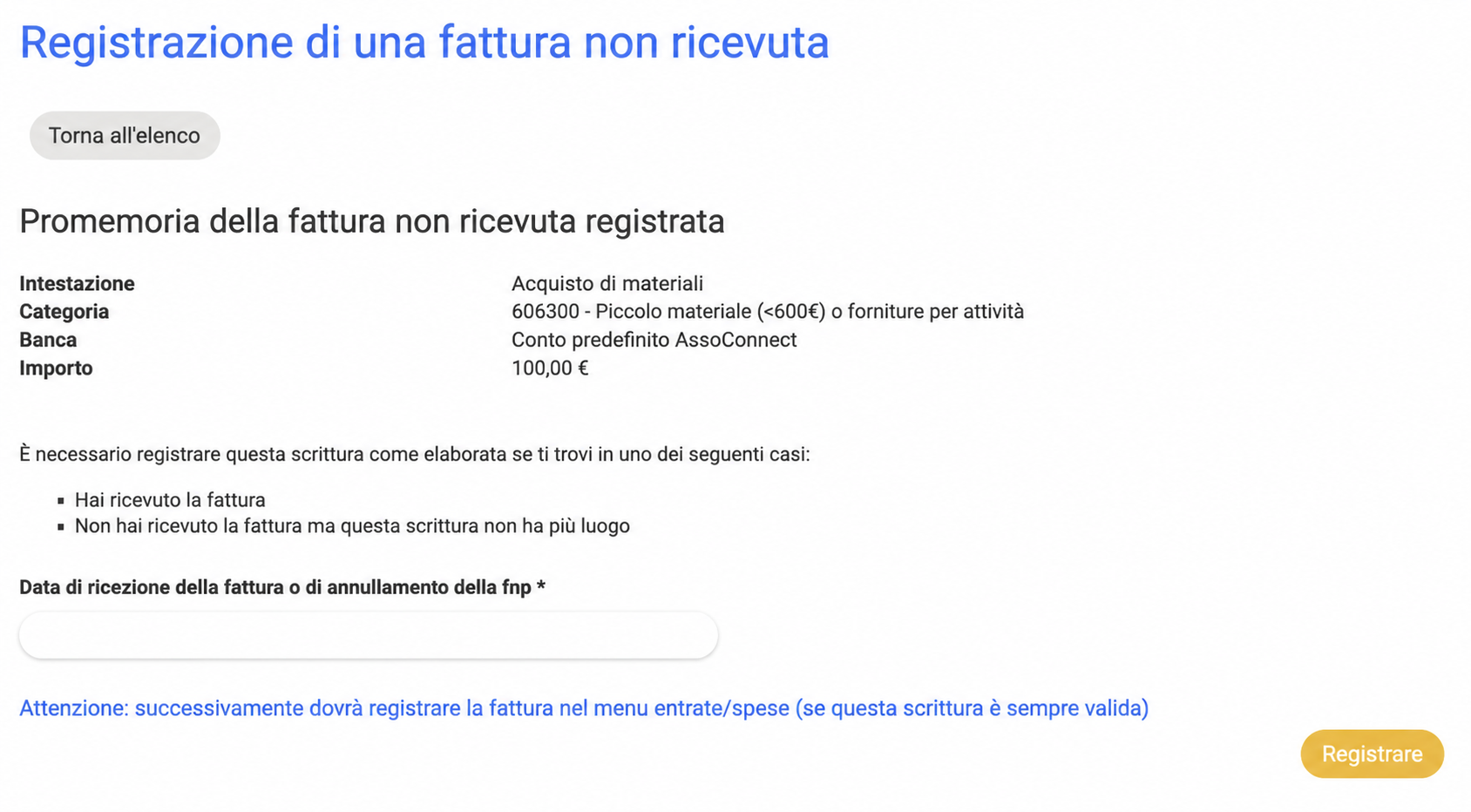 Formulaire d'édition d'une facture non parvenue dans AssoConnect, affichant le rappel (intitulé, catégorie, montant 100 €) et le champ de date de réception ou d'annulation.