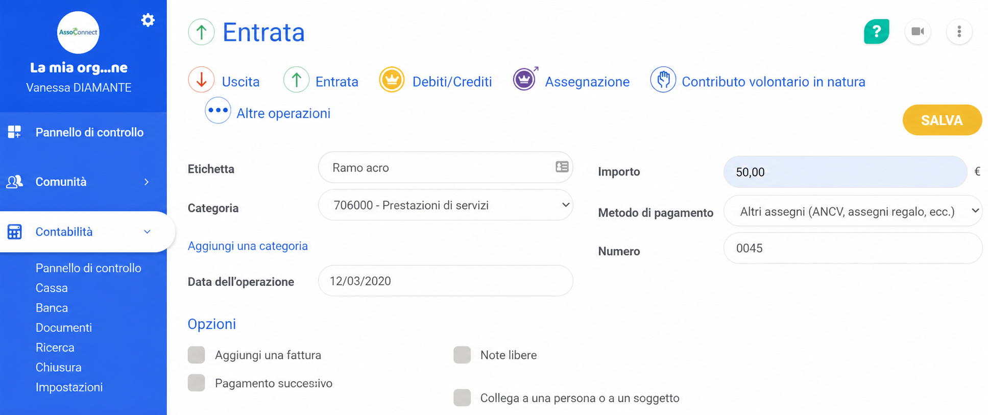 Formulaire de saisie d'une recette dans AssoConnect, avec le libellé « Acro branche », la catégorie 706000, un montant de 50 € et le mode de paiement par chèque.