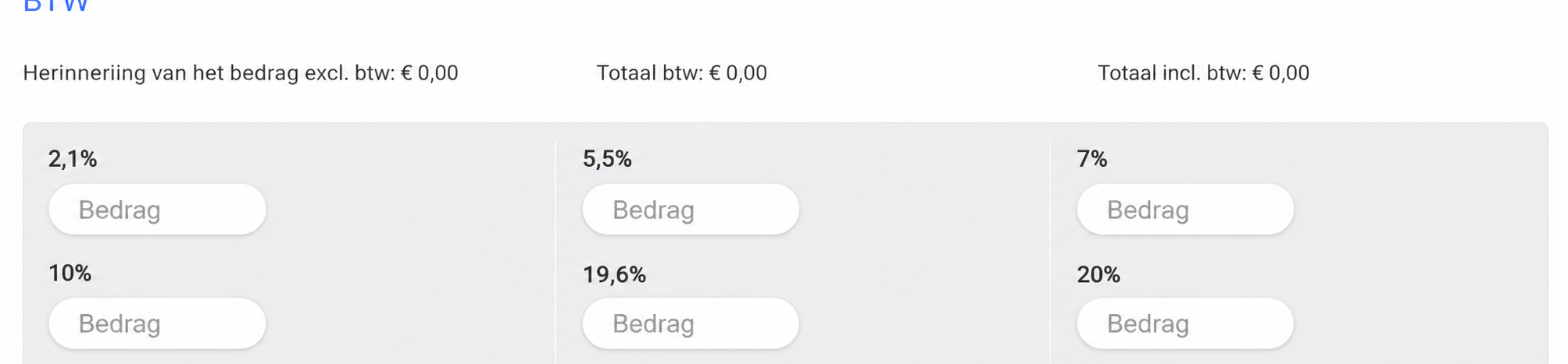Btw-sectie van AssoConnect met het bedrag excl. btw, het totaal btw, het totaal incl. btw en bedragvelden voor de tarieven 2,1 %, 5,5 %, 7 %, 10 %, 19,6 % en 20 %