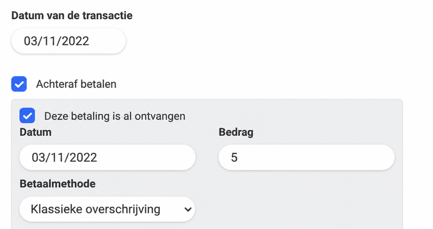 AssoConnect-formulier met de velden « Datum van de verrichting », « Latere betaling » aangevinkt, datum, bedrag (5) en betaalmiddel « Gewone cheque »