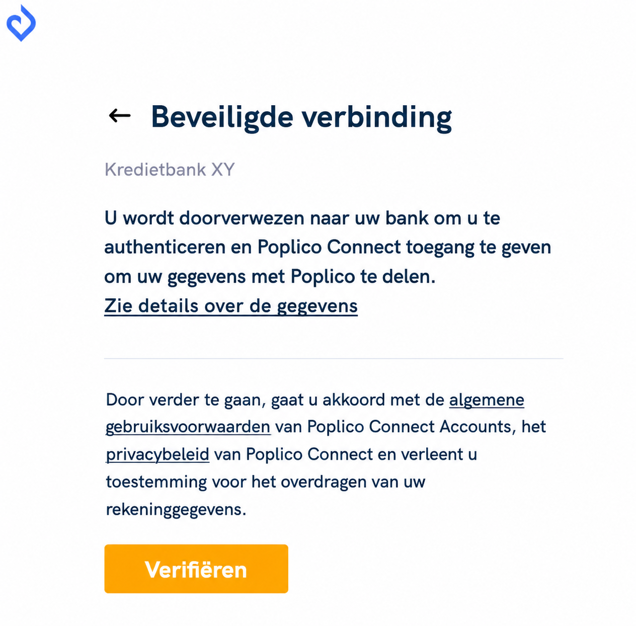Scherm voor beveiligde verbinding Linxo Connect met de gele knop « Authenticeren » in de kijker om toegang te krijgen tot de bank Crédit Banque XY.