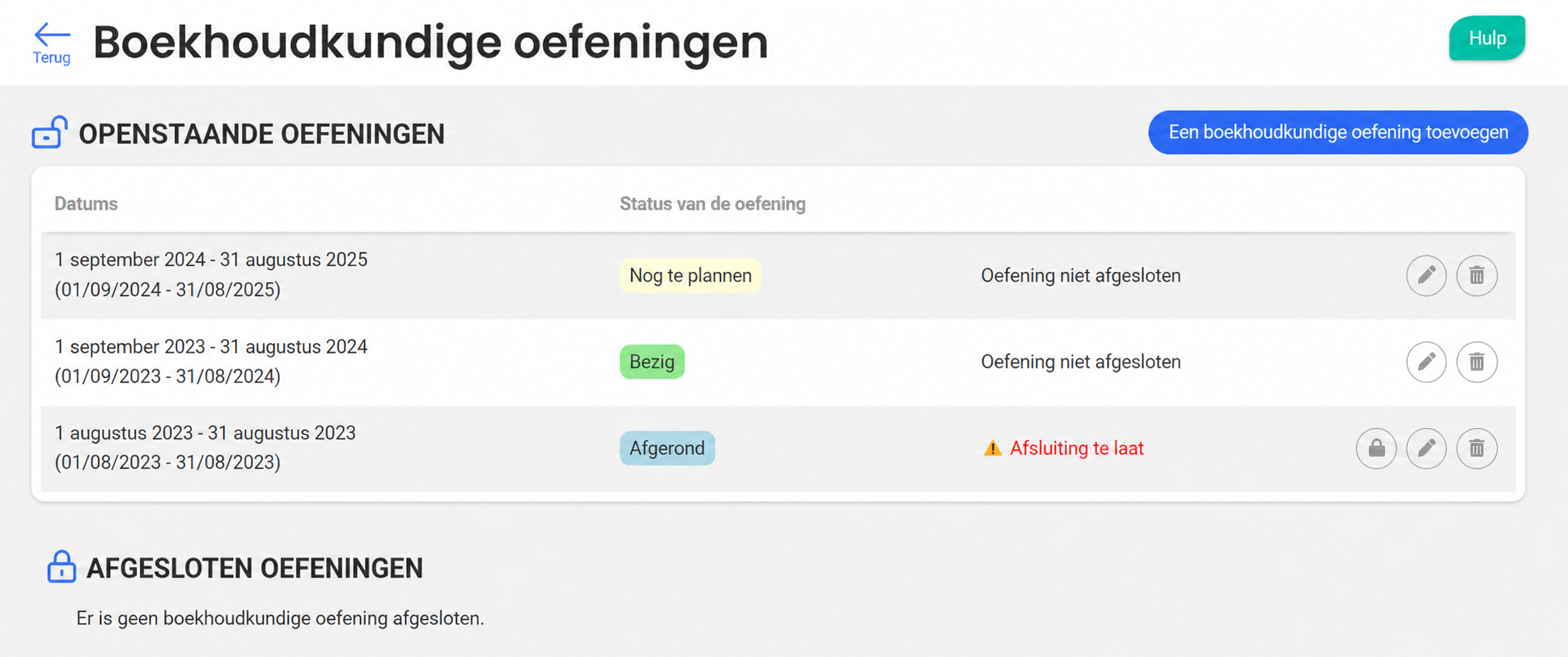 Pagina 'Boekjaren' met de open boekjaren en hun statussen, en de knop 'Een boekjaar toevoegen' aangeduid.