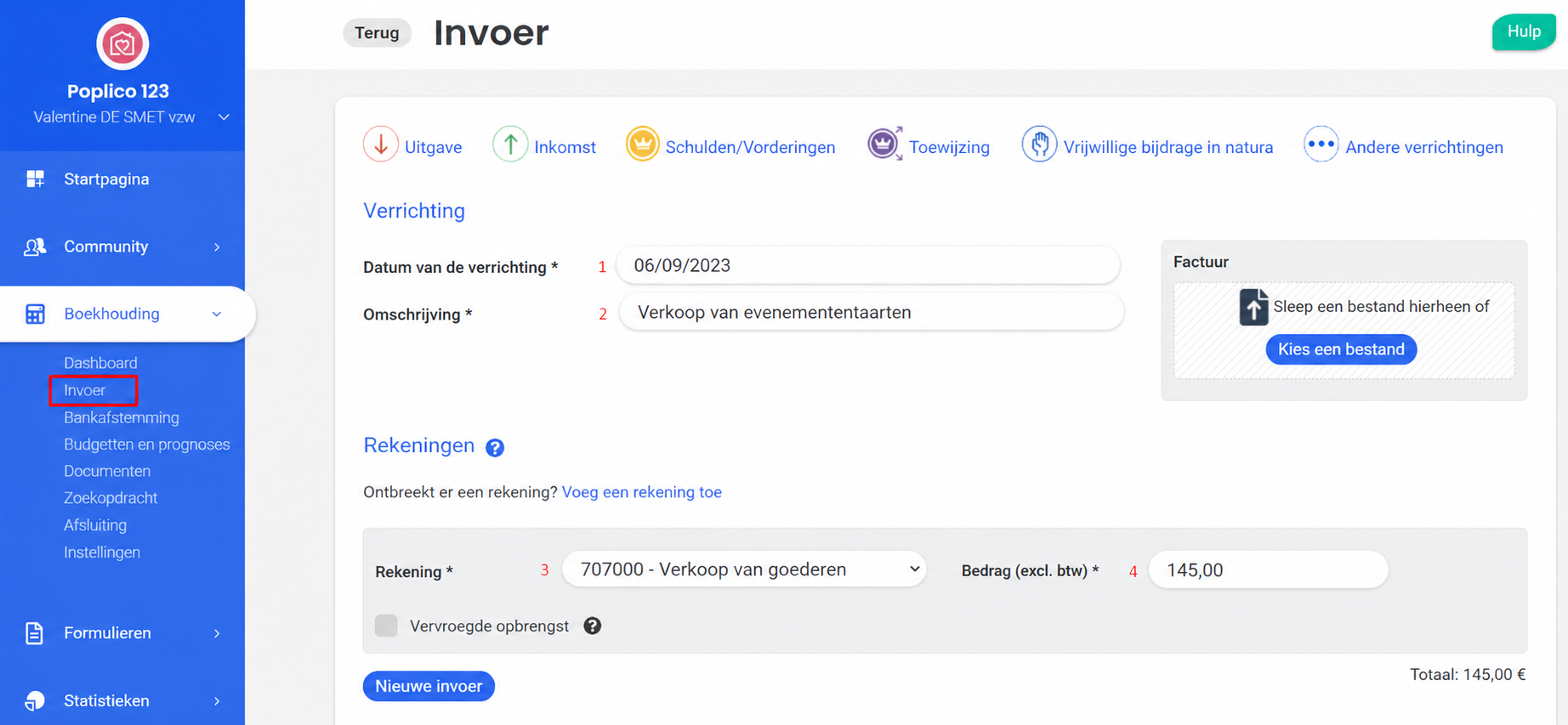 Invoerformulier van een ontvangst in AssoConnect, met de datum 06/09/2023, de omschrijving « Vente de gâteaux événement », de rekening 707000 en een bedrag van 120,00 €