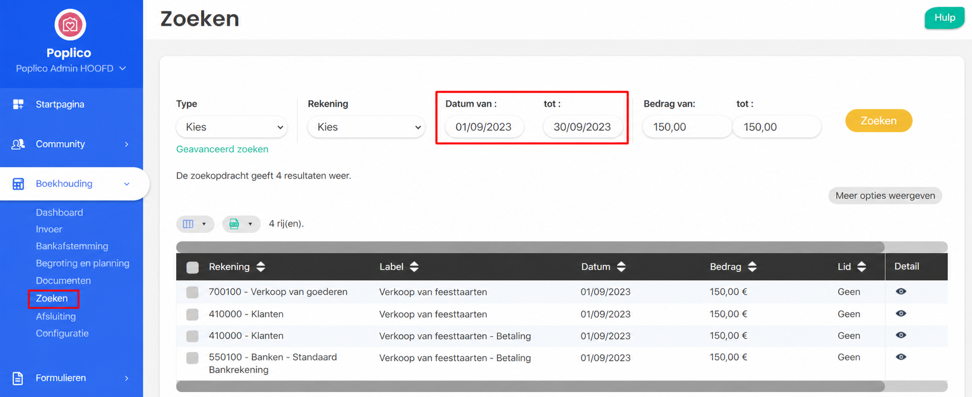 Pagina Recherche in de boekhouding van AssoConnect, met de filters Date en Montant ingevuld, met 4 boekingen voor « Vente de gâteaux événement » van 06/09/2023.