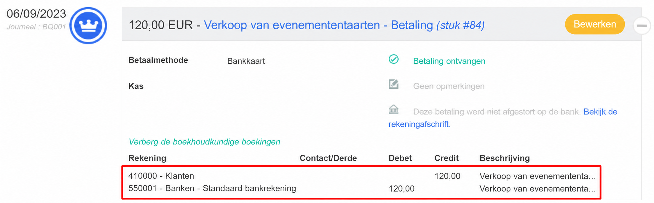 Boeking van een betaling van 120 € met bankkaart (stuk #84), met de rekeningen 411000 Clients (credit) en 512001 Banques (debet) in de verf gezet.