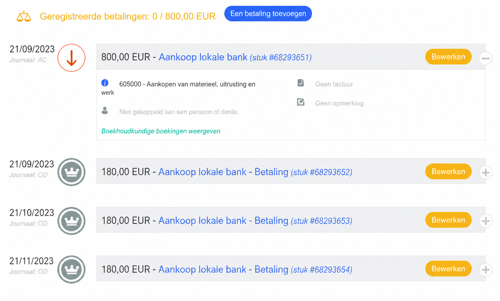 Scherm voor de opvolging van betalingen in AssoConnect: aankoop zetel lokaal voor 800 € met drie geplande vervaldagen van 160 € in september, oktober en november 2023