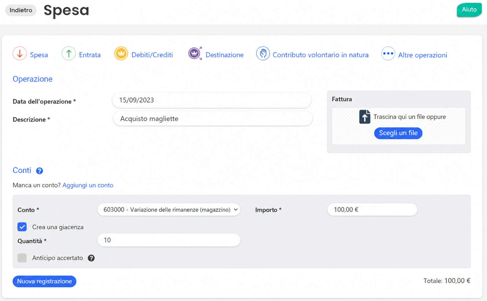 Modulo di spesa AssoConnect con la casella « Créer un stock » spuntata e una quantità di 10, evidenziate in rosso.