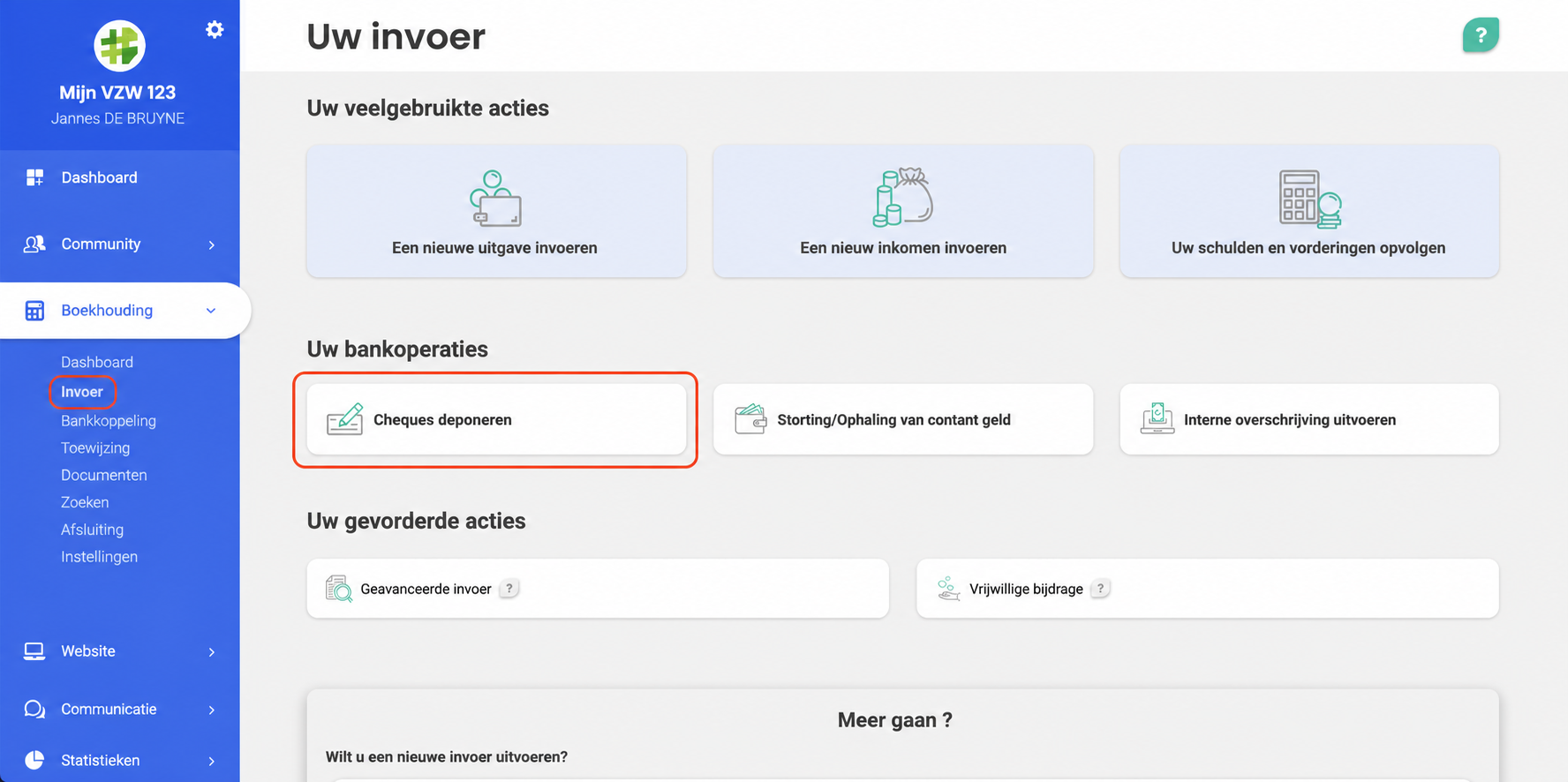 Pagina « Uw invoerverrichtingen » in AssoConnect, met de tegel « Chequeremise » gemarkeerd in de sectie « Uw bankverrichtingen ».