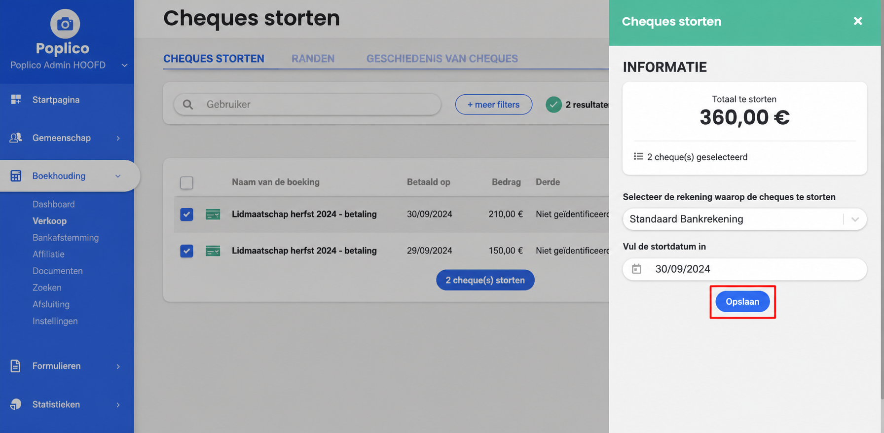 Paneel "Chequeremise" met 2 geselecteerde cheques voor een totaal van 345,00 €, en de knop "Opslaan" gemarkeerd.