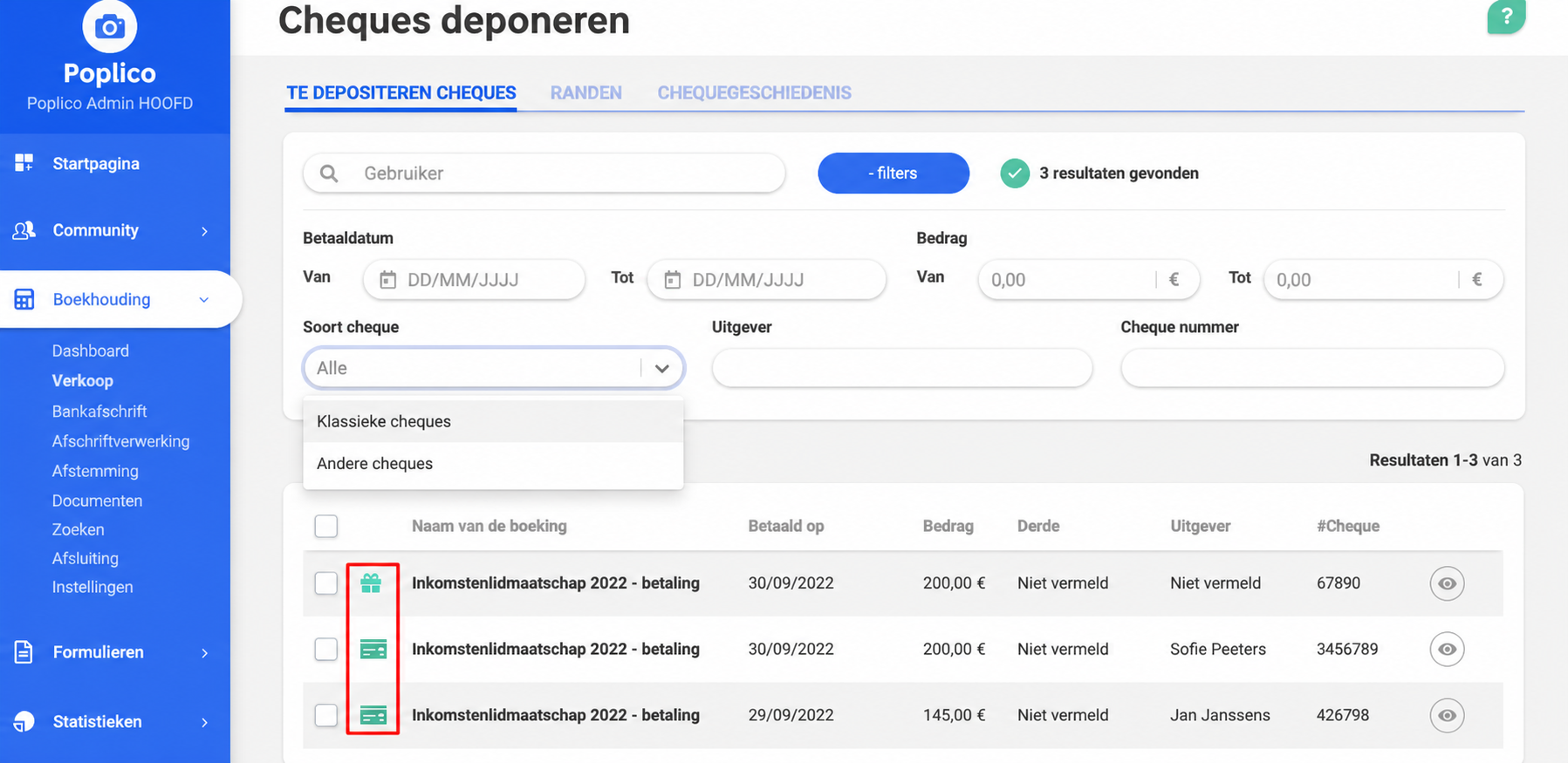 Pagina « Chequeremise » in AssoConnect, met het filter « Type cheque » geopend en de opties « Gewone cheques » en « Andere cheques »