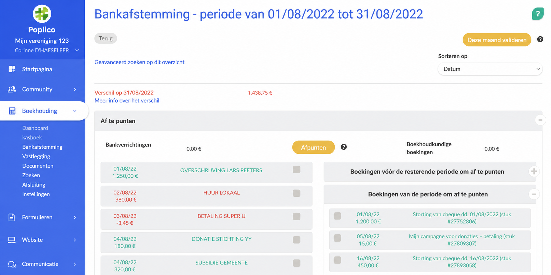 Scherm bankafstemming AssoConnect voor augustus 2022, met de af te punten banktransacties tegenover de boekhoudkundige boekingen, met een verschil van 1.256,90 €