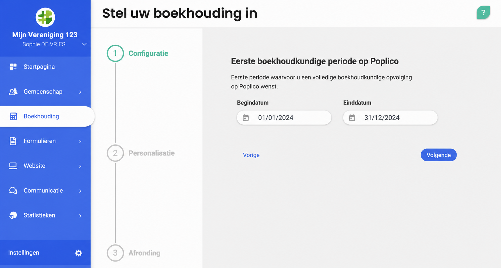 Stap 1 van de boekhoudconfiguratie op AssoConnect: invoeren van de begindatum (01/01/2023) en einddatum (31/12/2023) van het eerste boekjaar.
