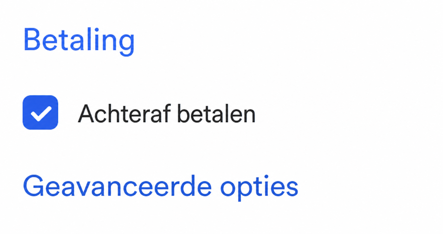 Sectie Betaling met de optie « Paiement ultérieur » aangevinkt, onder de geavanceerde opties van een AssoConnect-formulier
