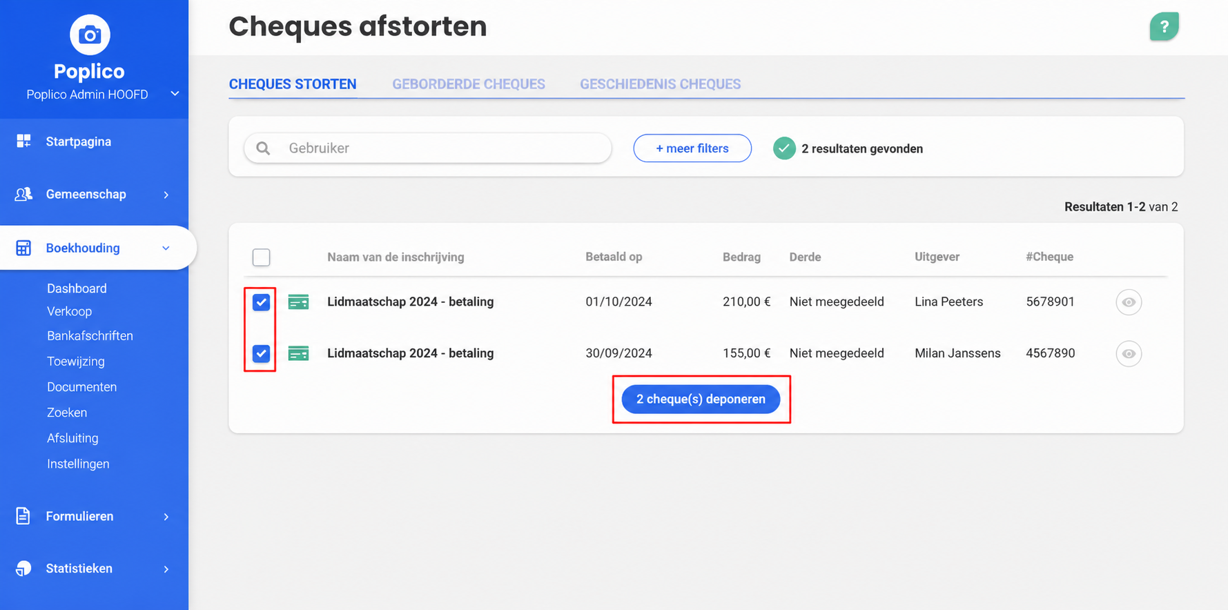 Pagina « Chequeremise » met twee aangevinkte cheques (Jeanne Durand 200 € en Paul Isan 145 €) en de knop « 2 cheque(s) storten » gemarkeerd