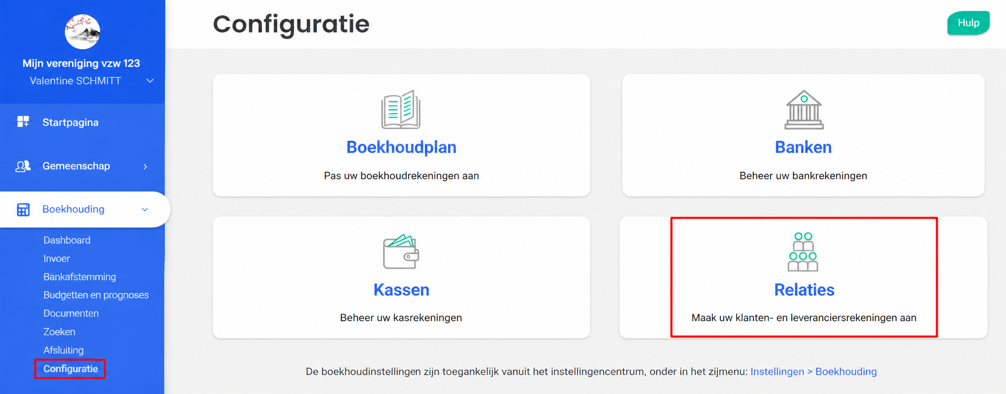 Pagina Configuratie van de boekhouding in AssoConnect, met de sectie « Tiers » aangeduid (maak uw klanten- en leveranciersrekeningen aan)