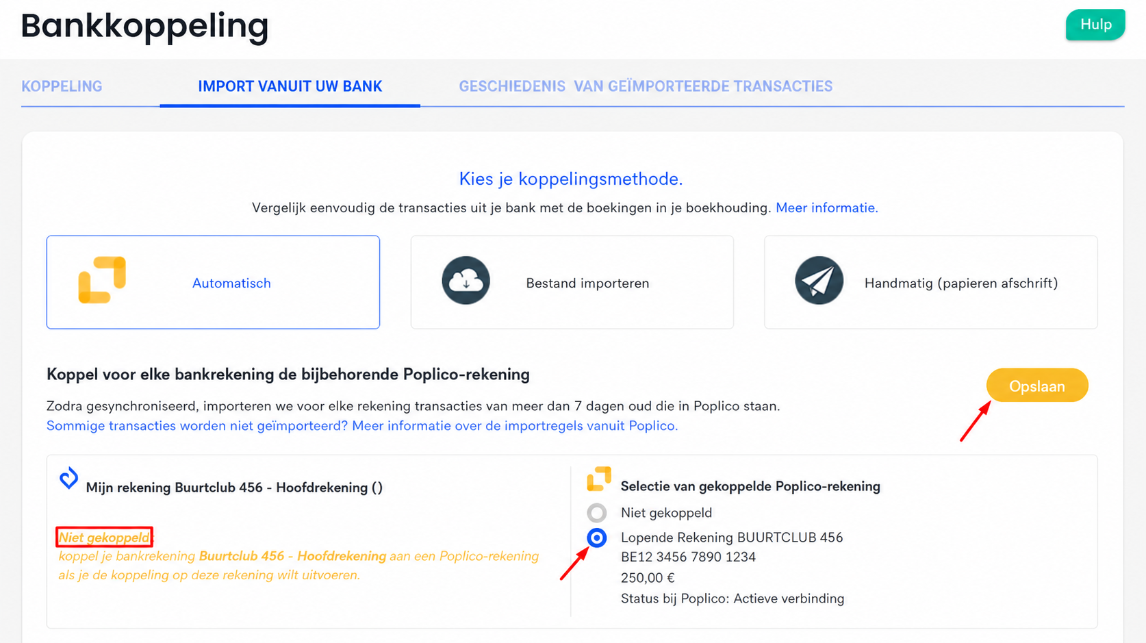 Pagina « Import vanuit uw bank » van de bankafstemming in AssoConnect, met de modus Automatisch geselecteerd en een Linxo-rekening gekoppeld aan de hoofdrekening, de knop Opslaan in de kijker