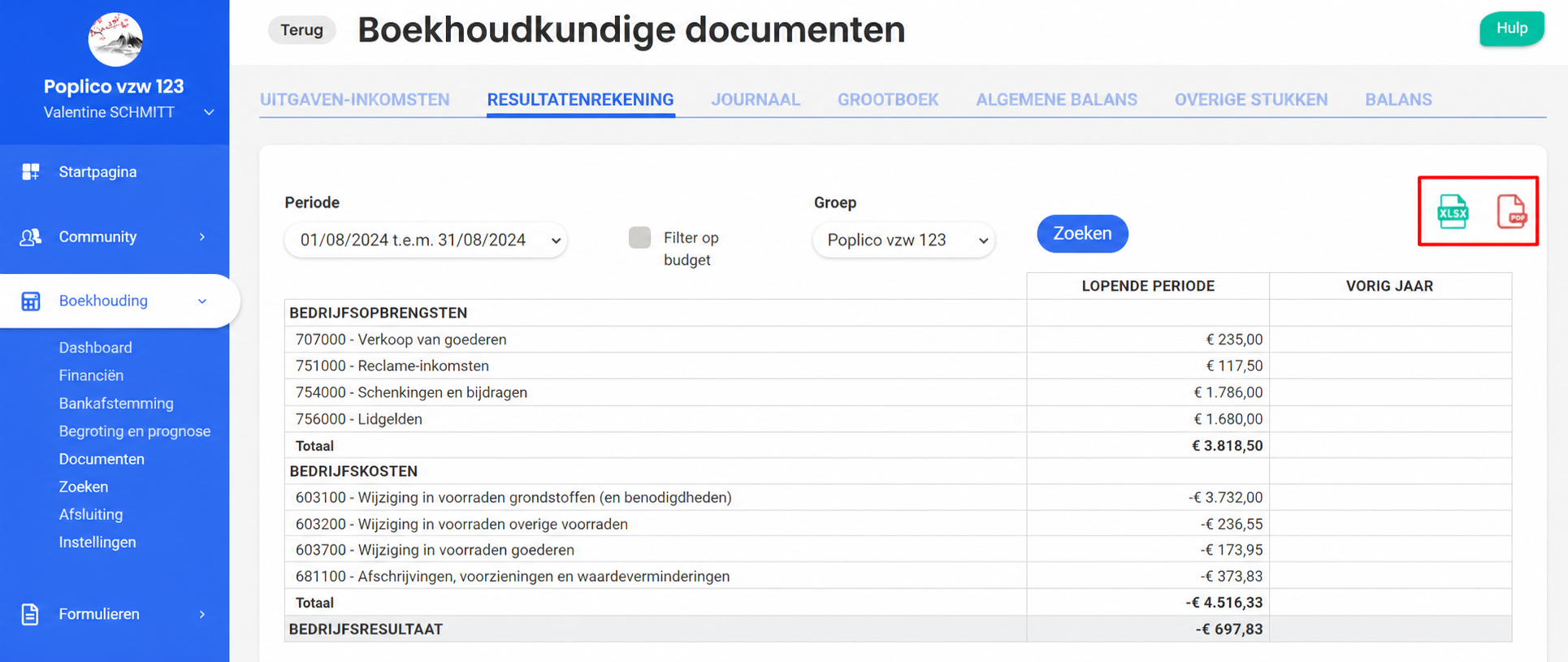 Tabblad « Resultatenrekening » in de Boekhoudkundige documenten van AssoConnect, met de bedrijfsopbrengsten en -kosten voor augustus 2023 en de exportknoppen XLSX en PDF gemarkeerd.