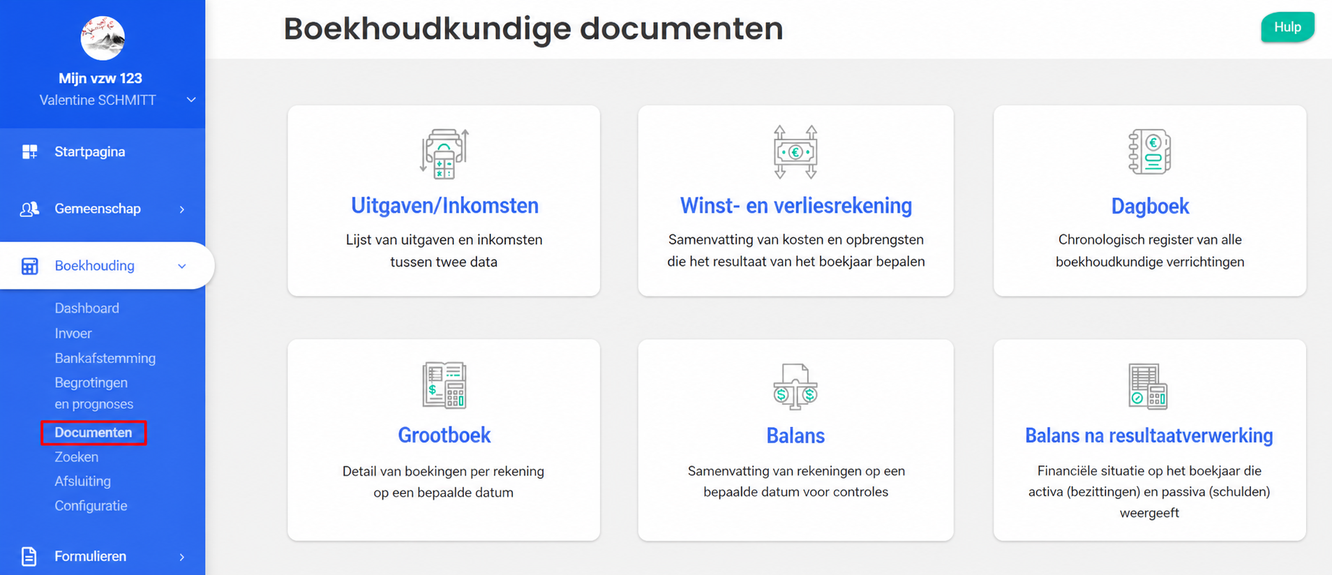 Pagina « Boekhoudkundige documenten » van AssoConnect met de 6 beschikbare documenten: Uitgaven/Ontvangsten, Resultatenrekening, Dagboek, Grootboek, Algemene balans en Balans, waarbij het item « Documenten » in het menu is gemarkeerd.