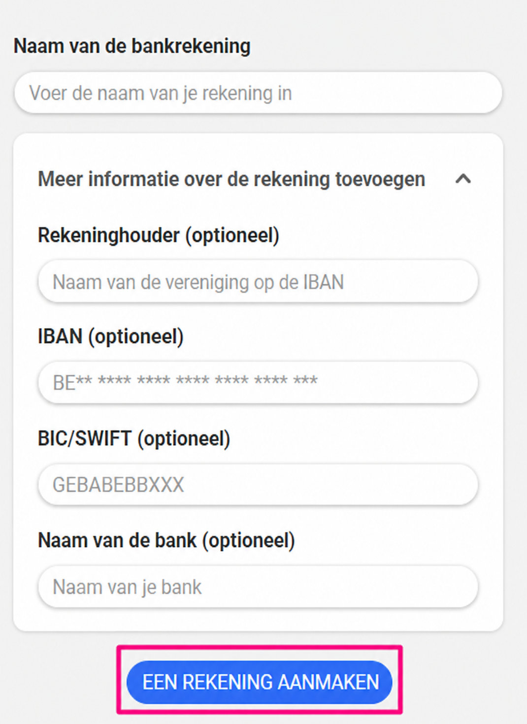 Formulier voor het aanmaken van een bankrekening met de velden Naam van de rekening, IBAN, BIC/SWIFT en Naam van de bank, met de knop « Een rekening aanmaken » gemarkeerd.
