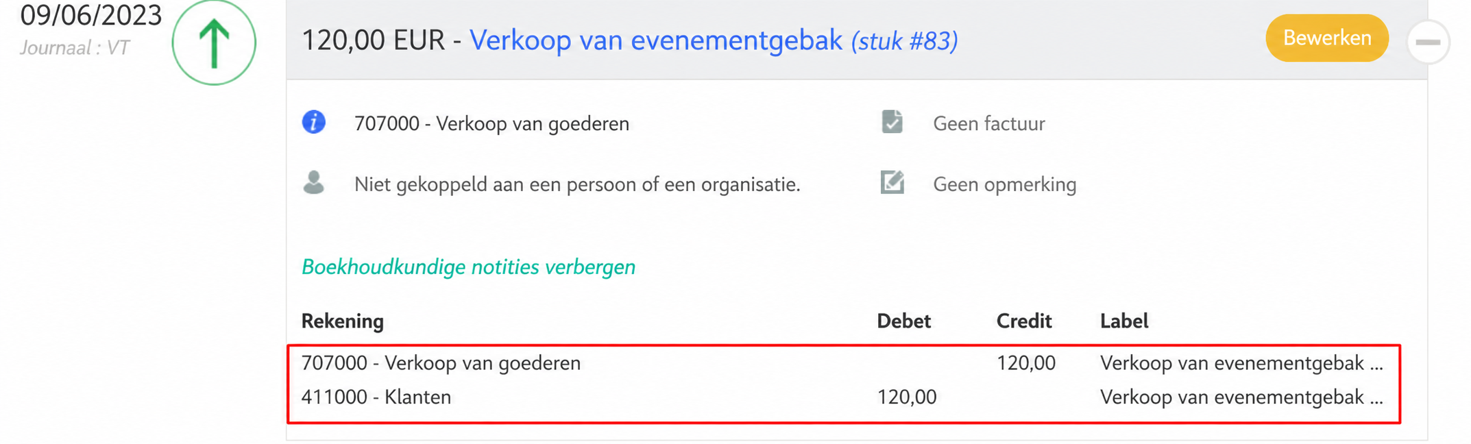 Boeking van een verkoop van 120 € met de debet-/creditlijnen op de rekeningen 707000 (Ventes de marchandises) en 411000 (Clients) in de verf gezet