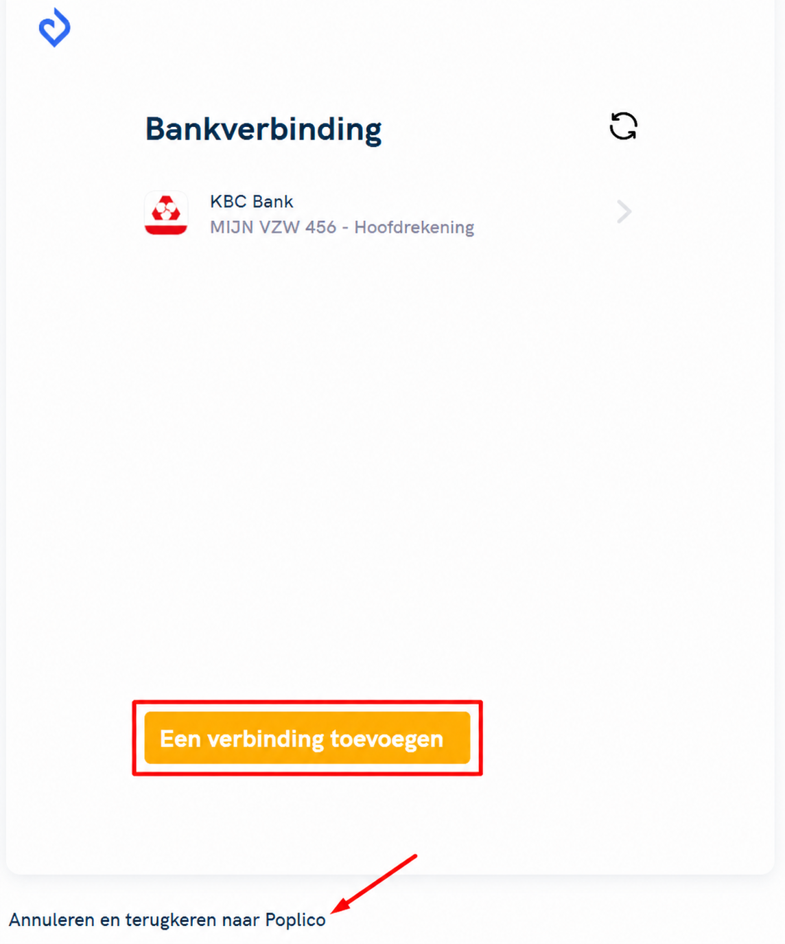 Pagina « Bankverbinding » van AssoConnect met een rekening bij Crédit Mutuel, met de knop « Een verbinding toevoegen » in het rood omkaderd en de link « Annuleren en terug naar Asso Connect » aangeduid met een pijl.