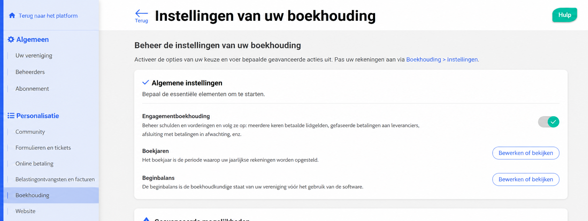 Boekhoudinstellingen in AssoConnect, met de sectie 'Boekjaren' aangeduid met een pijl naar de knop 'Bewerken of raadplegen'