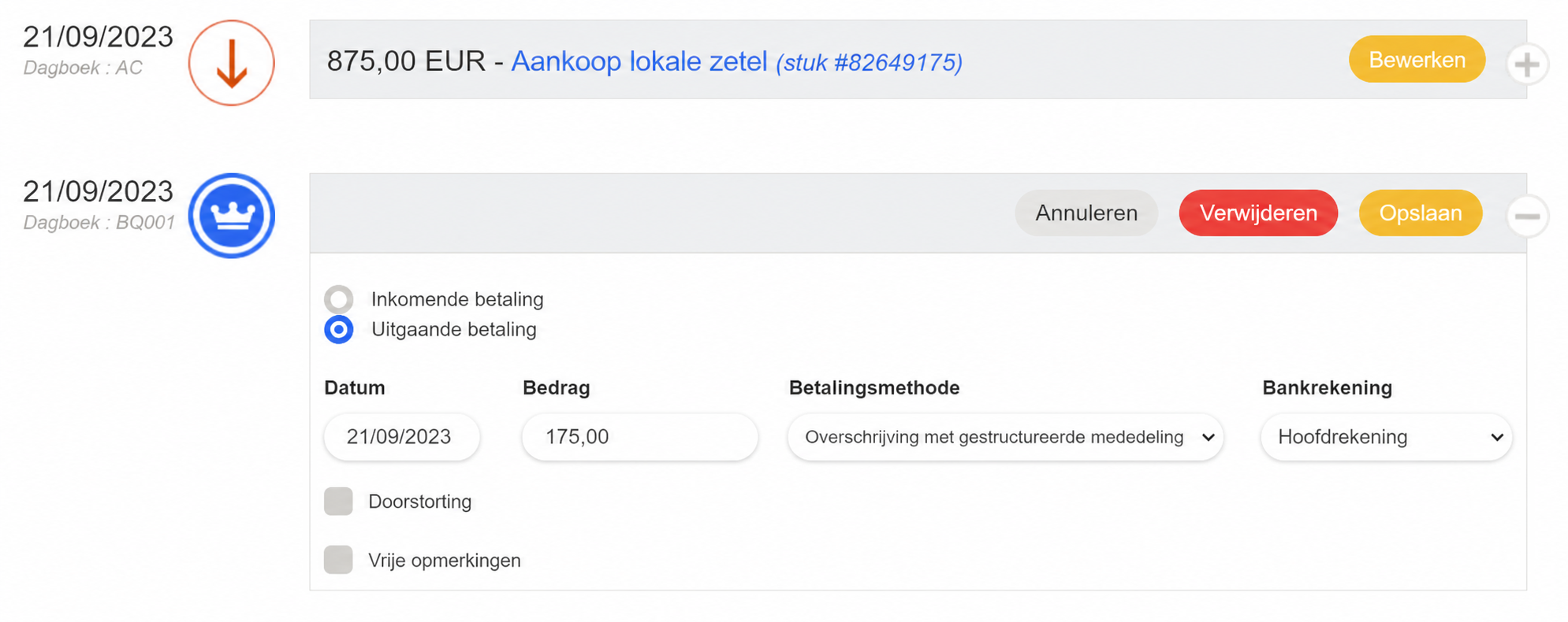 Formulier voor een uitgaande betaling met genummerde stappen: « Paiement ultérieur » aanvinken (1), de bankrekening selecteren (2), dan op « Enregistrer » klikken (3)