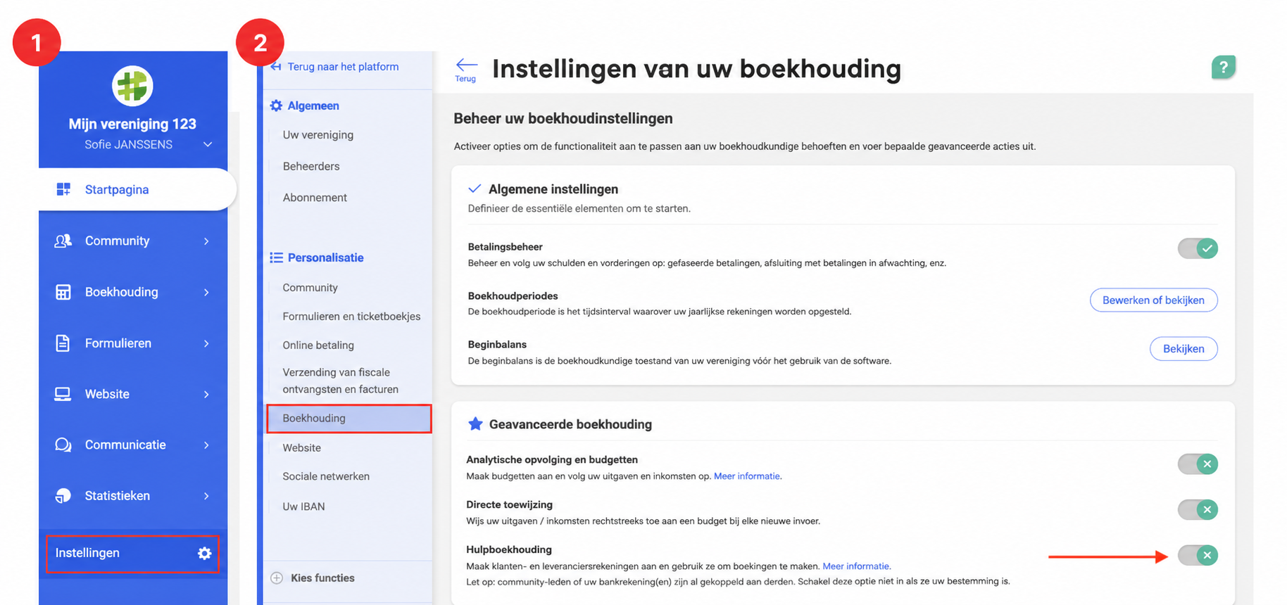 Boekhoudinstellingen in AssoConnect, met de optie « Comptabilité auxiliaire » aangeduid met een rode pijl in de sectie Geavanceerde boekhouding.