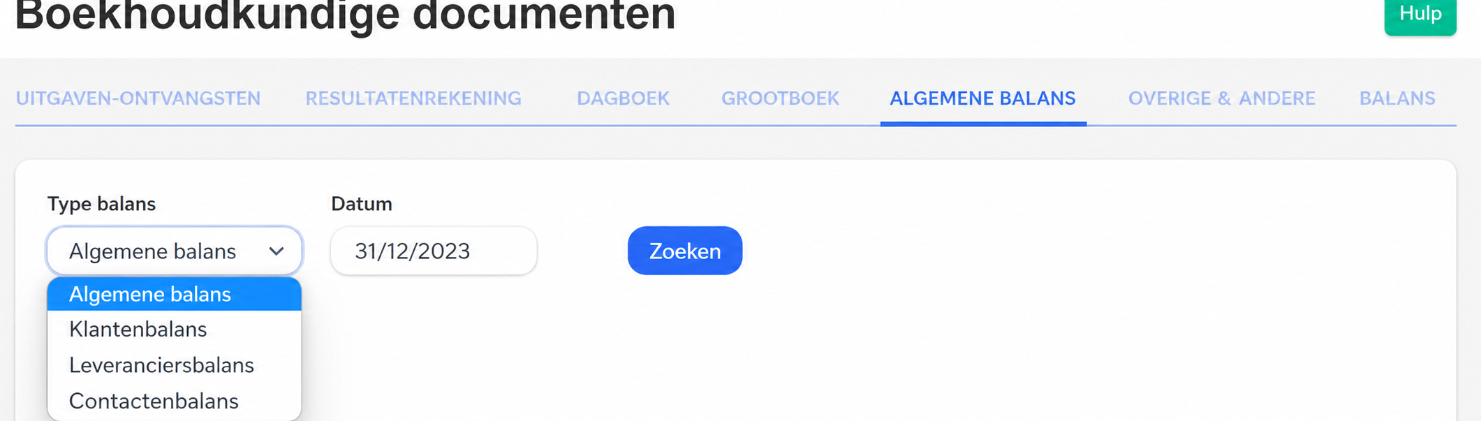 Tabblad « Balance Générale » van de Boekhoudkundige documenten, met het uitklapmenu « Type de balance » open en de optie « Balance générale » geselecteerd.