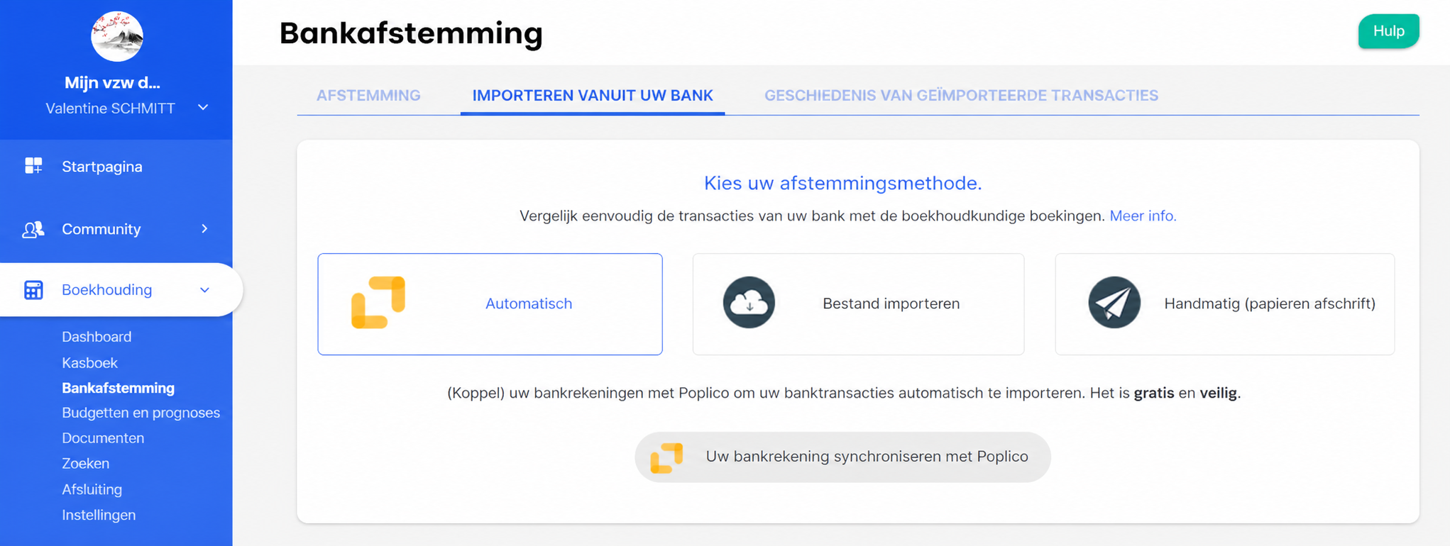 Scherm « Bankafstemming » in AssoConnect, tabblad « Import vanuit uw bank » met de methode « Automatisch » geselecteerd en de knop « Uw bankrekening synchroniseren met Linxo » in de kijker.