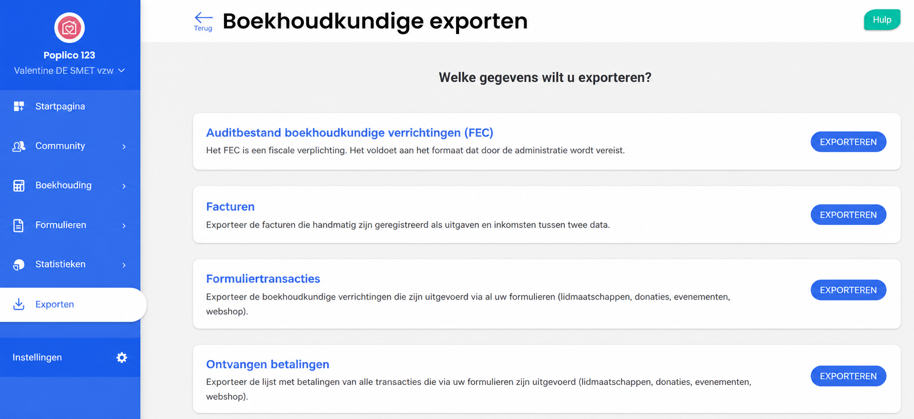 Pagina « Boekhoudkundige exports » van AssoConnect met de opties FEC, Facturen, Transacties en Ontvangen betalingen, en een rode pijl die naar de knop Exporteren van de FEC wijst